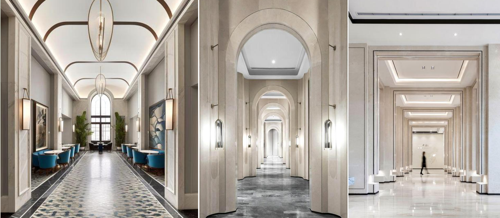 Collage of three images showing a luxurious hallway with high ceilings, chandeliers, and elegant decor.