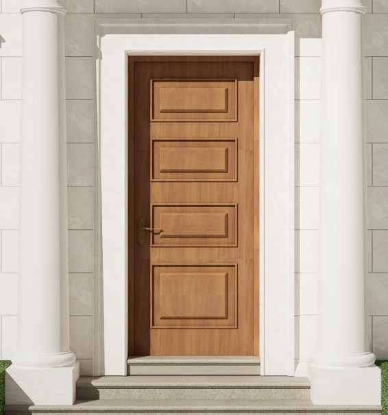 Stylized depiction of a white house with a brown door on a white background