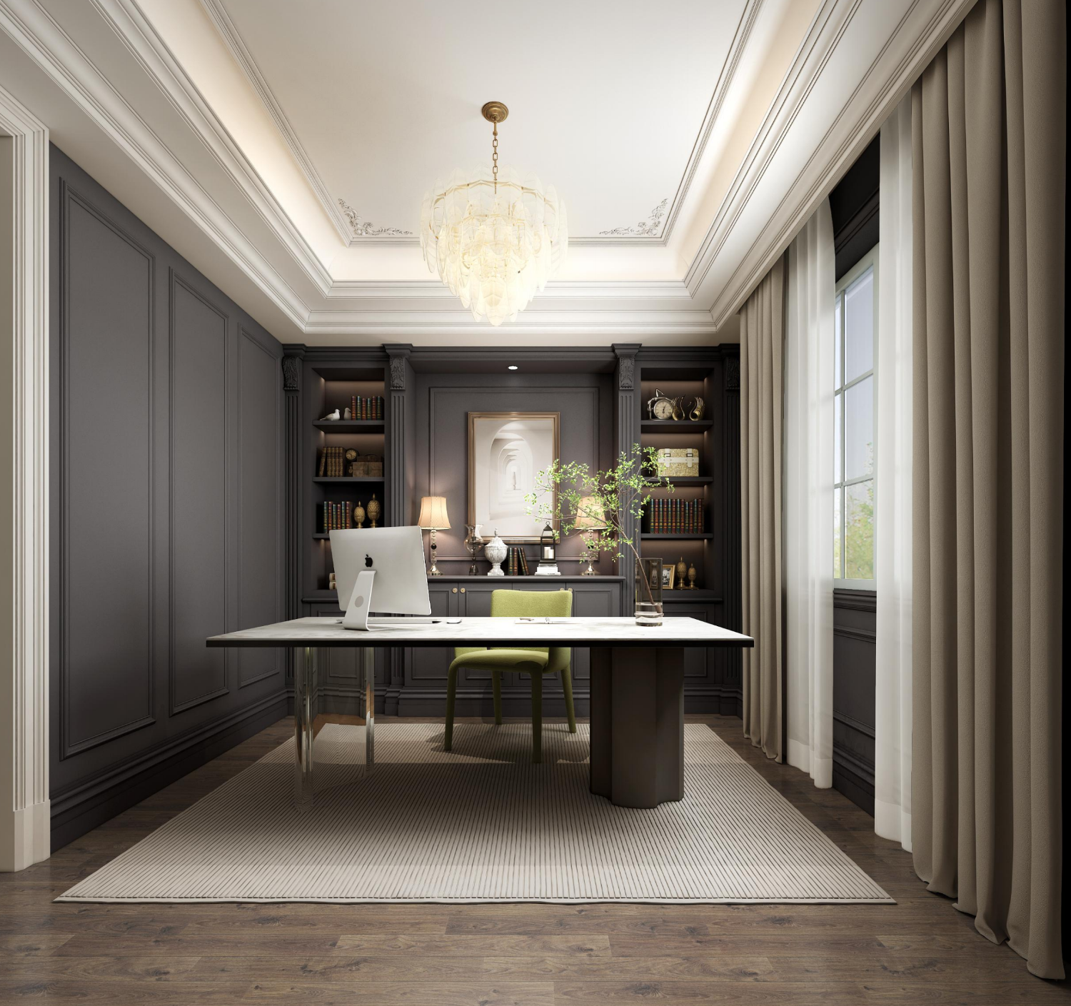 Modern office interior with a desk and decor, featuring a floor plan on the left.