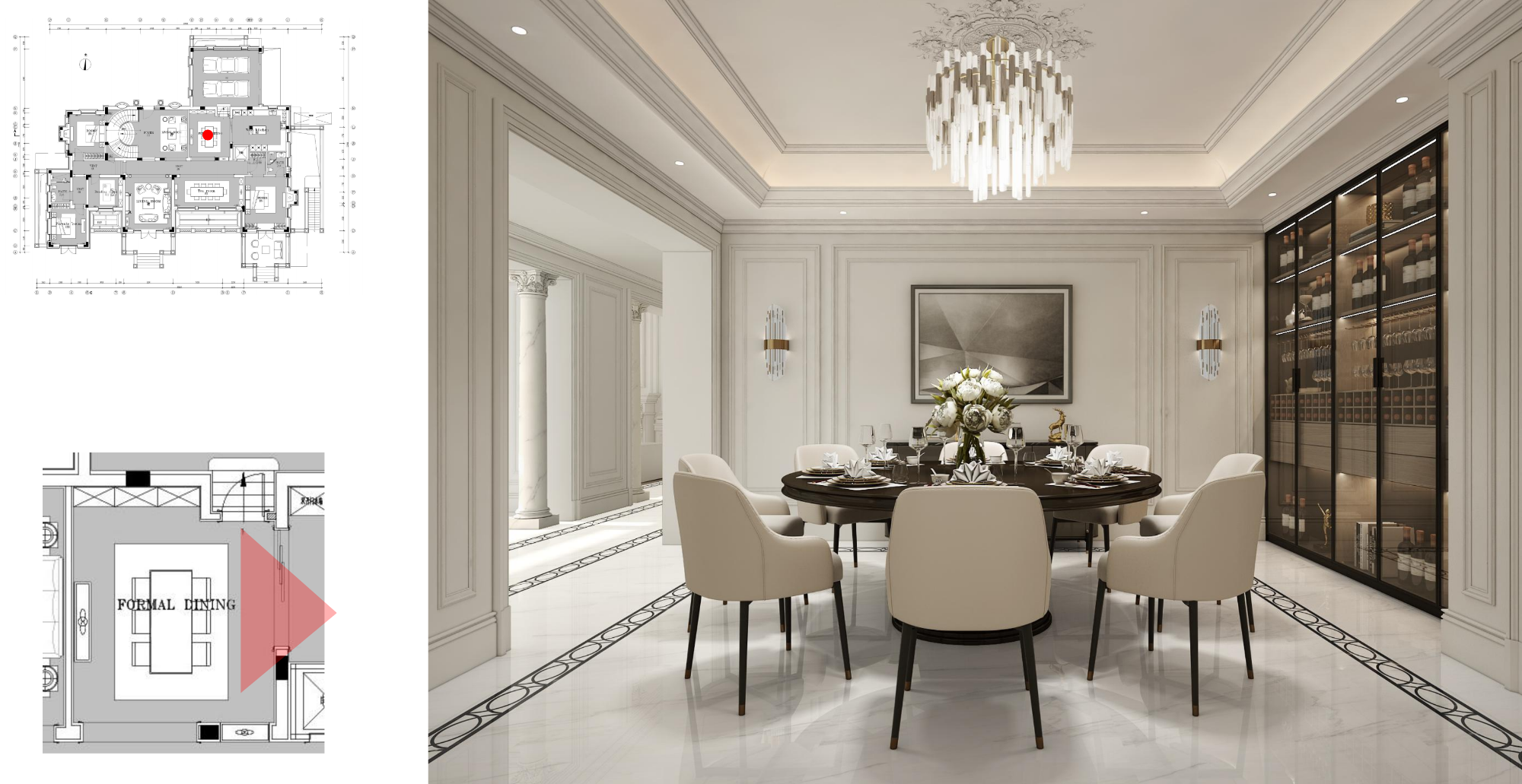Dining room with table and chairs, featuring a floor plan on the left.