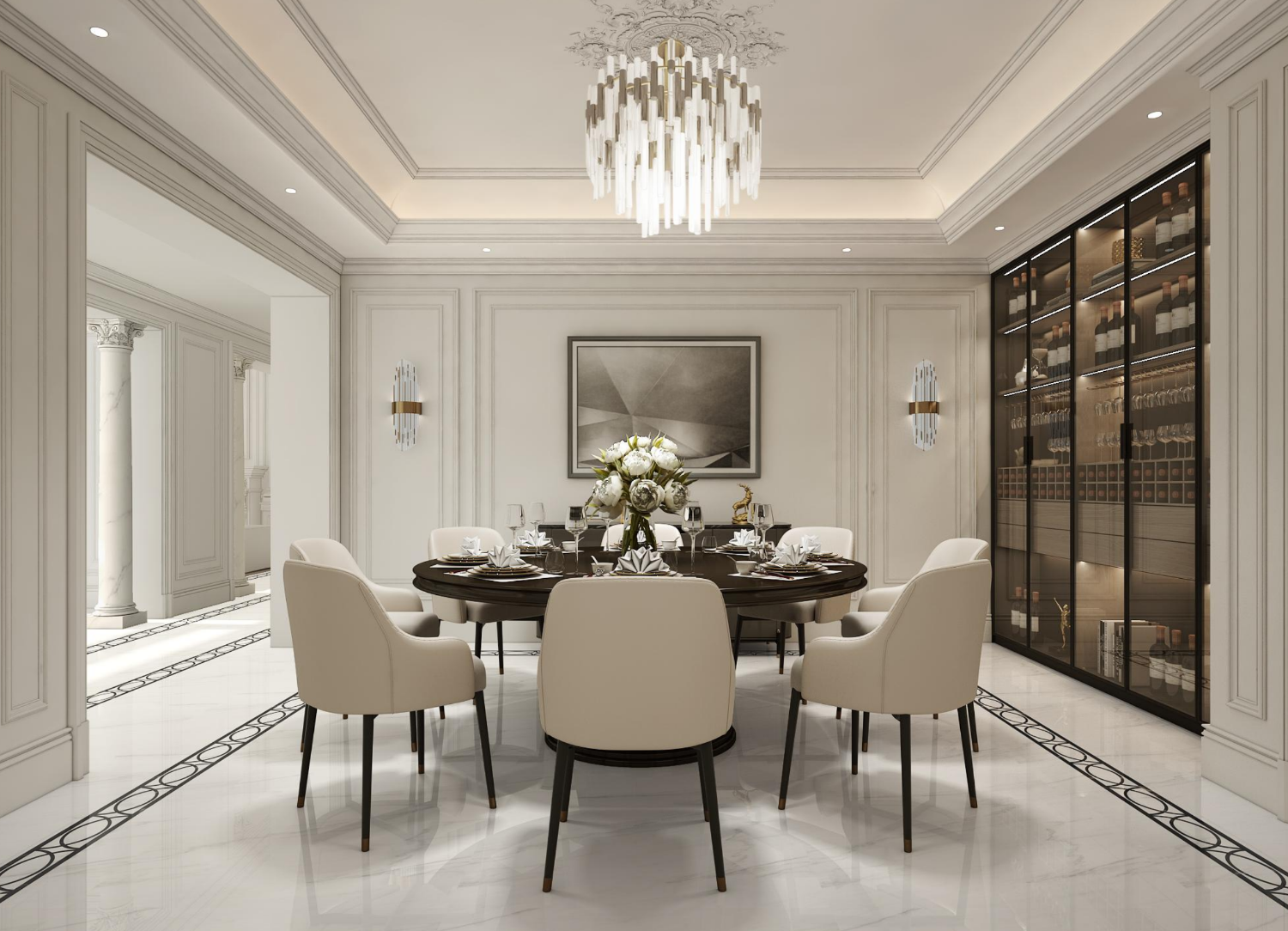 Dining room with table and chairs, featuring a floor plan on the left.
