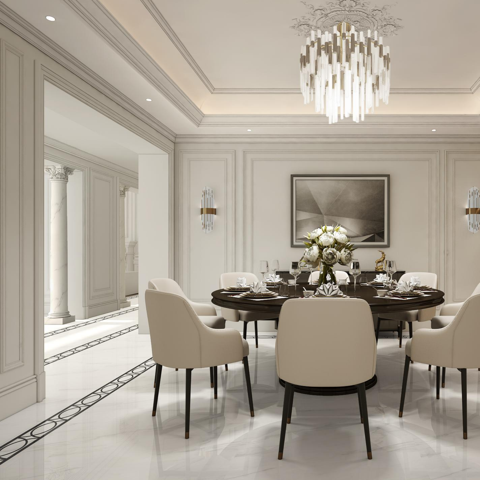 Dining room with table and chairs, featuring a floor plan on the left.