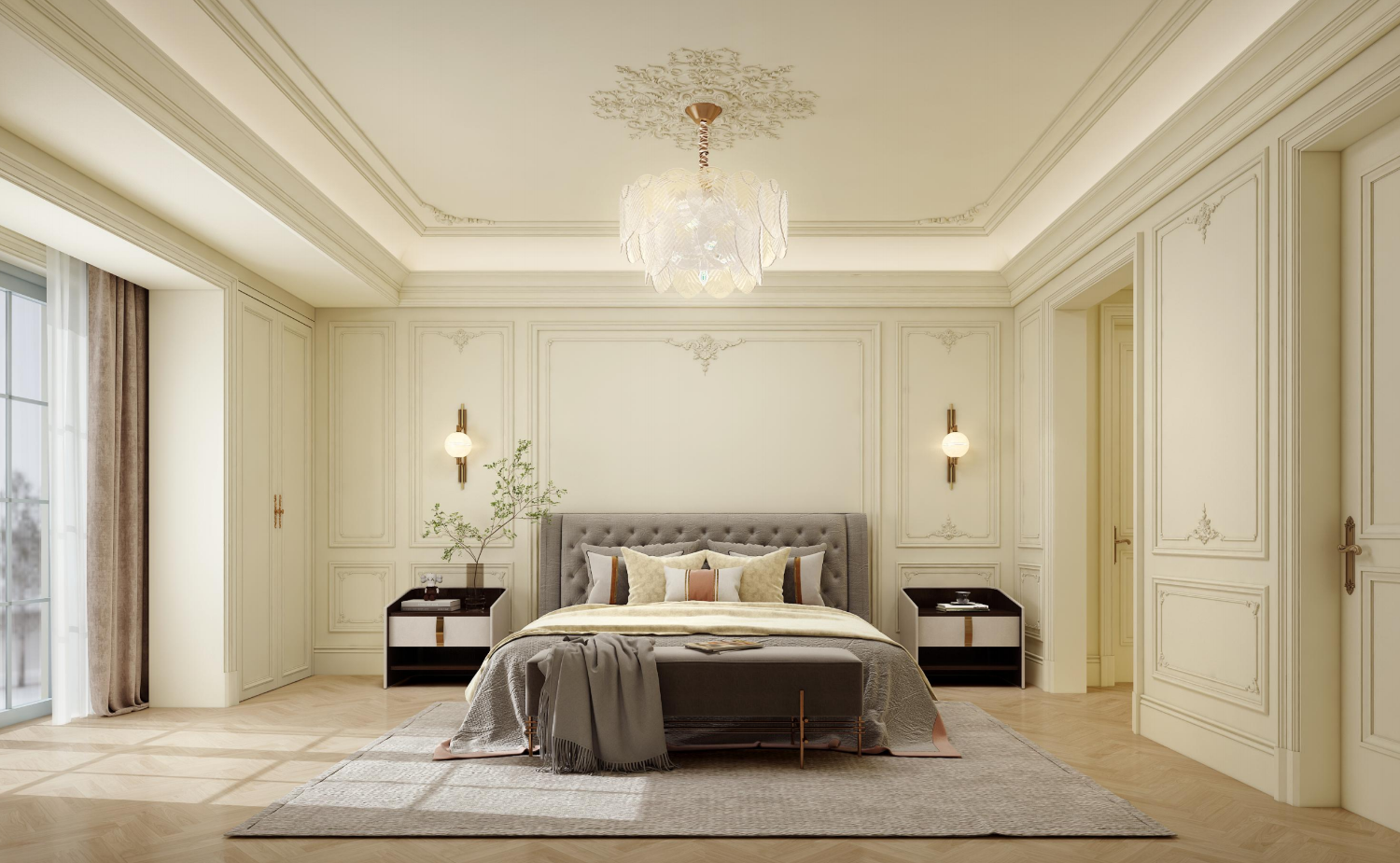 Modern bedroom with furniture and decor, including a floor plan on the left.