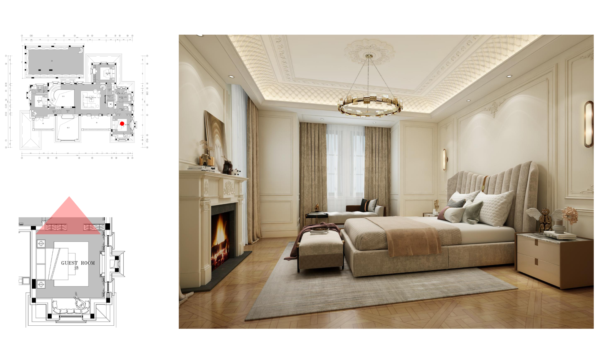 Modern bedroom with furniture and decor, including a floor plan on the left.