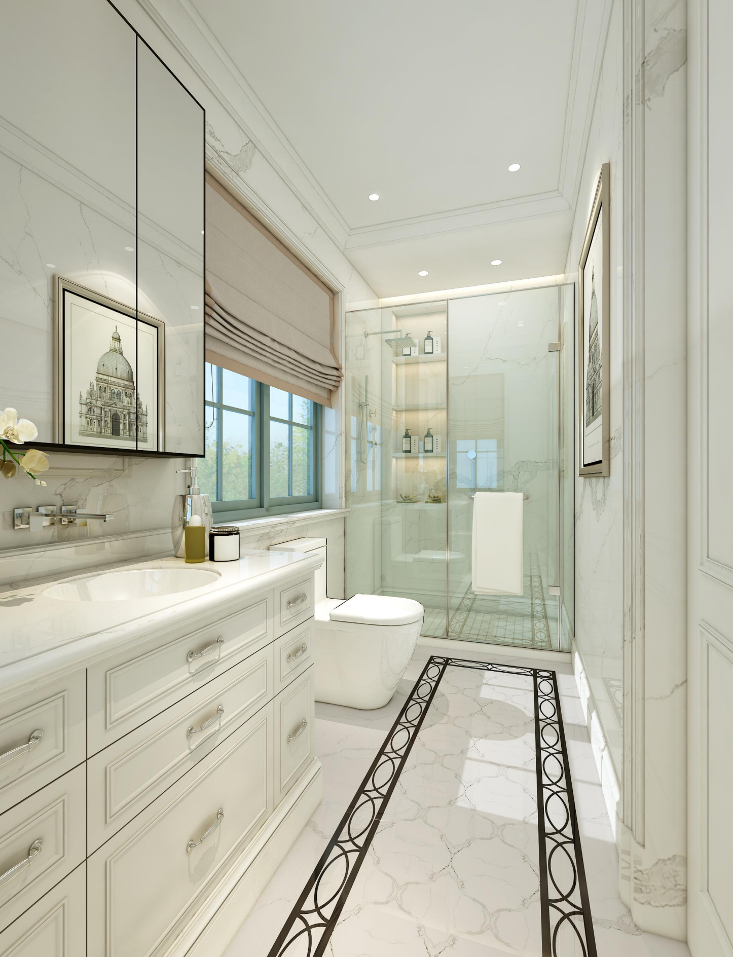 Bathroom design plan overlayed on a photo of a modern bathroom.