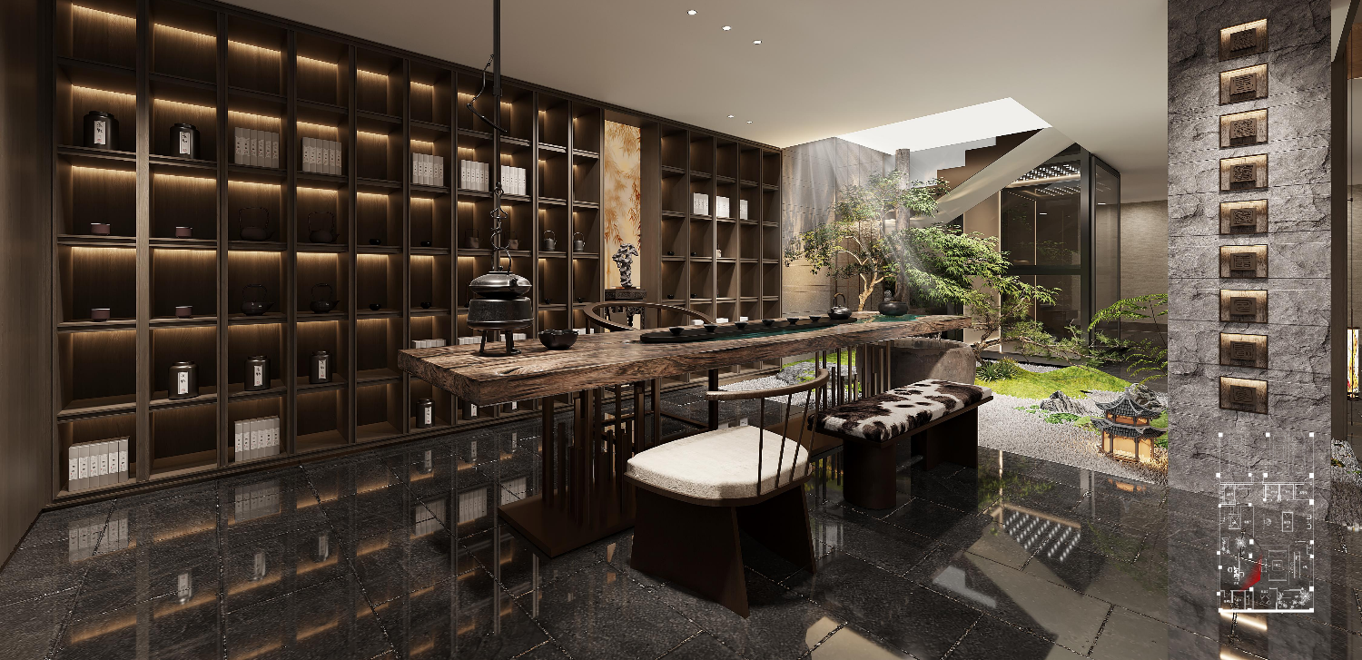 Modern interior design with dark wood shelves and a large window.