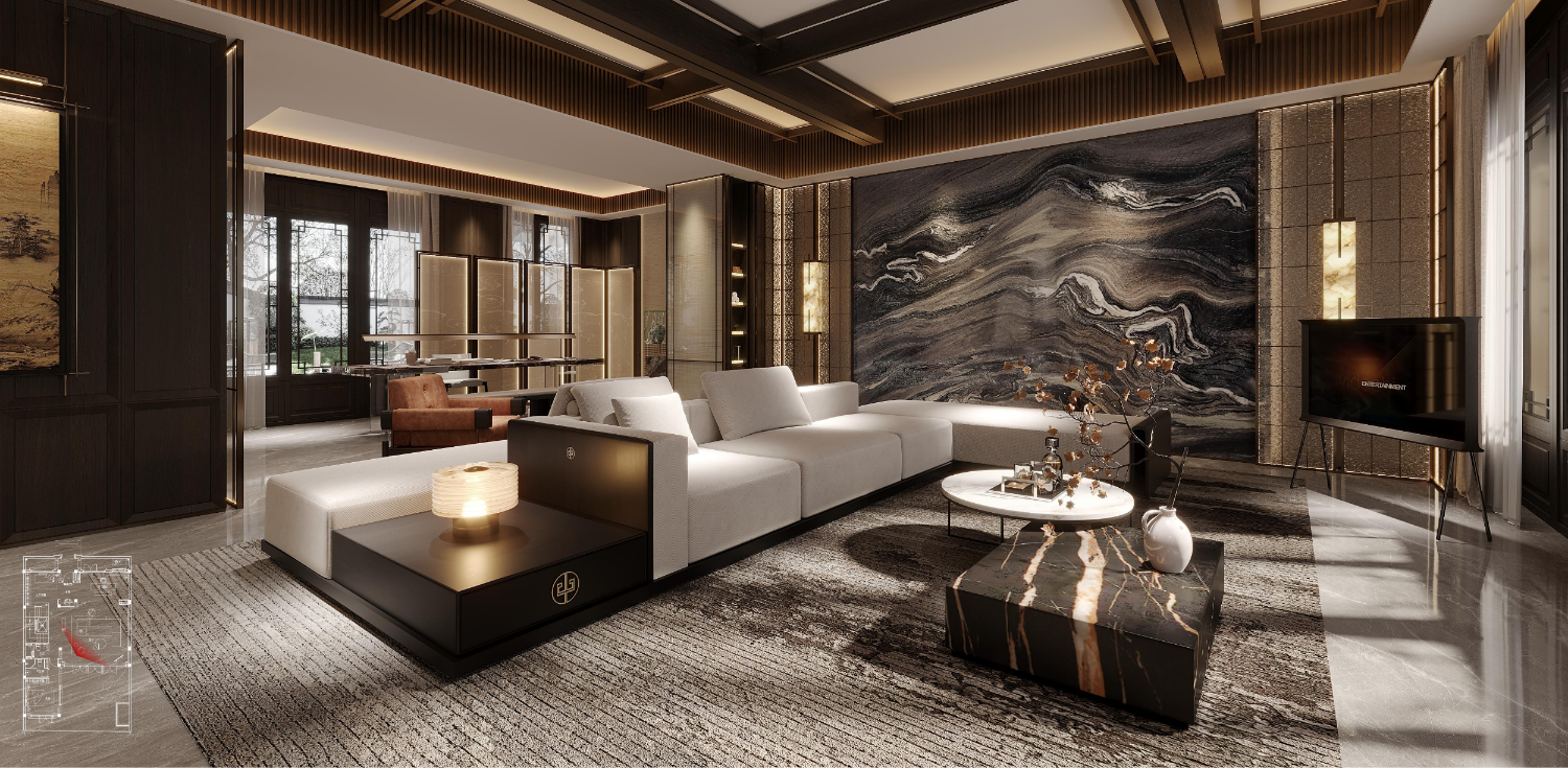 Luxurious living room with modern furniture and decorative elements.