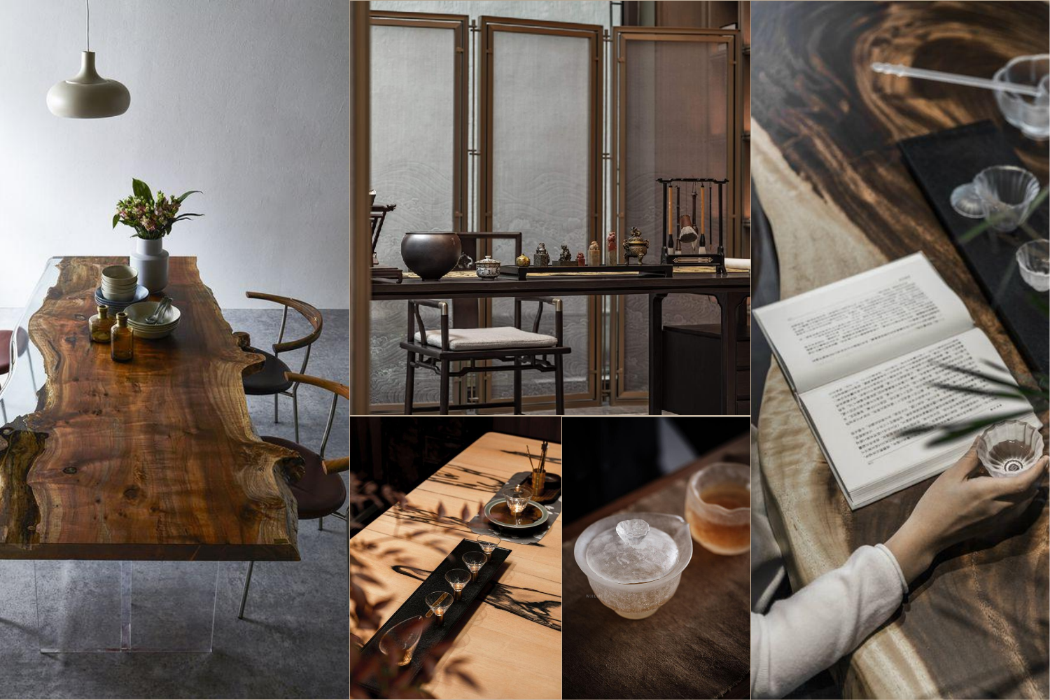 Collage of a dining room setting with wooden table, chairs, and decor.