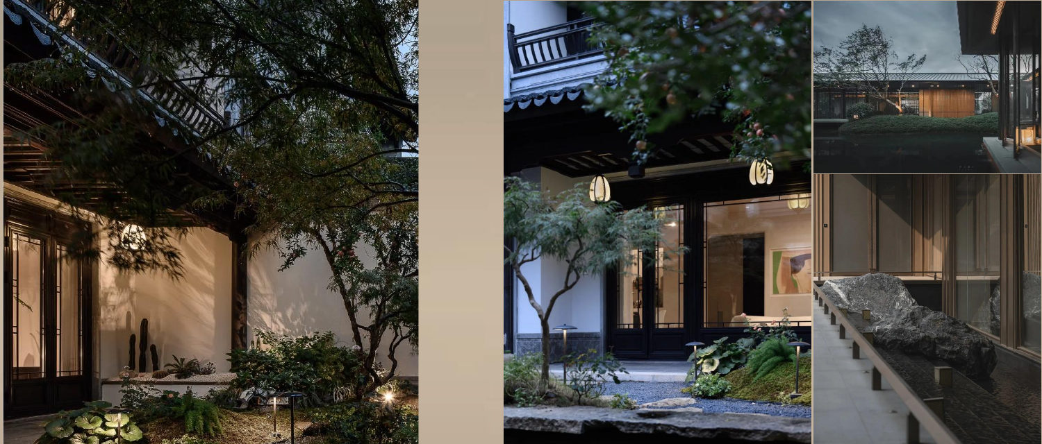 Collage of a traditional architectural setting with garden and building elements.