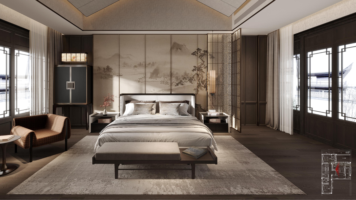 Modern bedroom with a bed, side tables, and large windows.