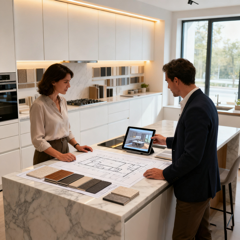 Two people in a modern kitchen discussing design plans with a tablet.