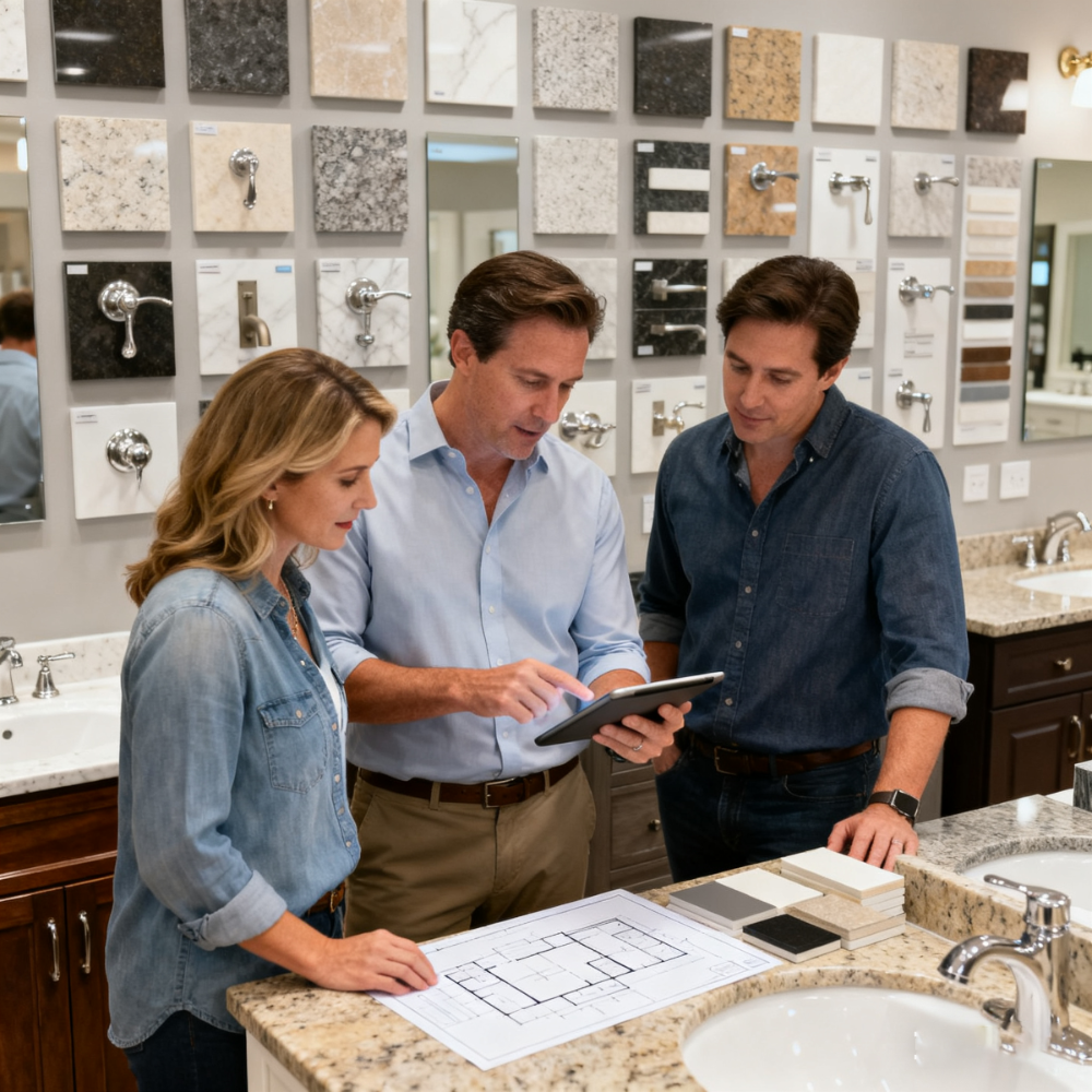 Three people in a bathroom showroom looking at blueprints and a tablet.