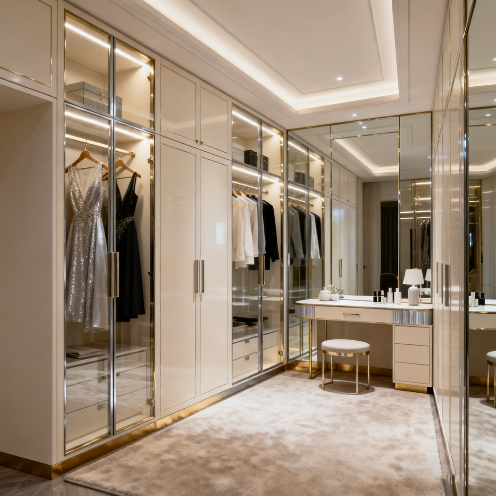 Modern walk-in closet with glass doors and reflective surfaces