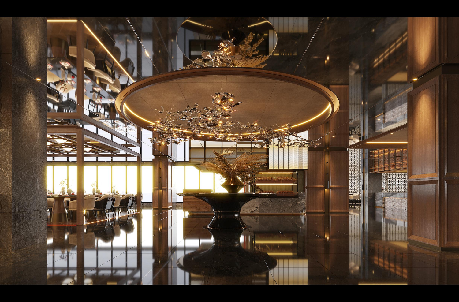 Luxurious interior with a chandelier and reflective floor