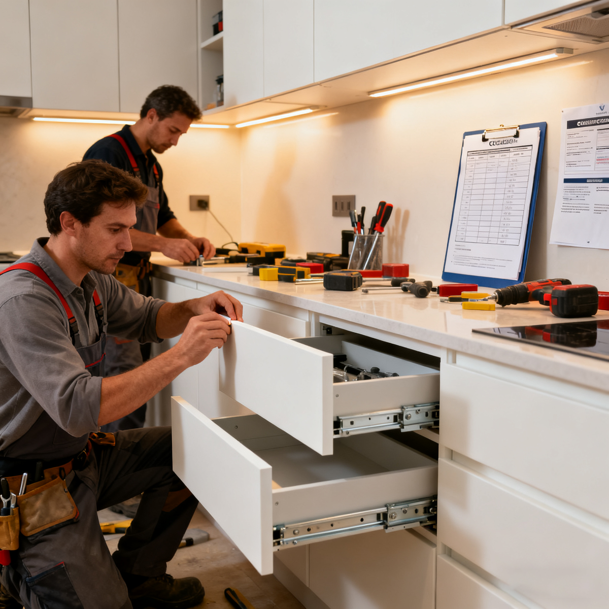 Two workers installing kitchen cabinets with tools and a checklist on a counter.
