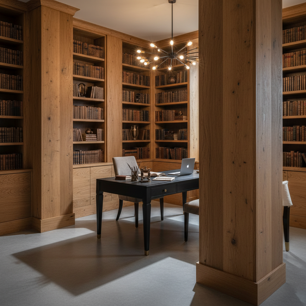 Wooden office with bookshelves and a desk.