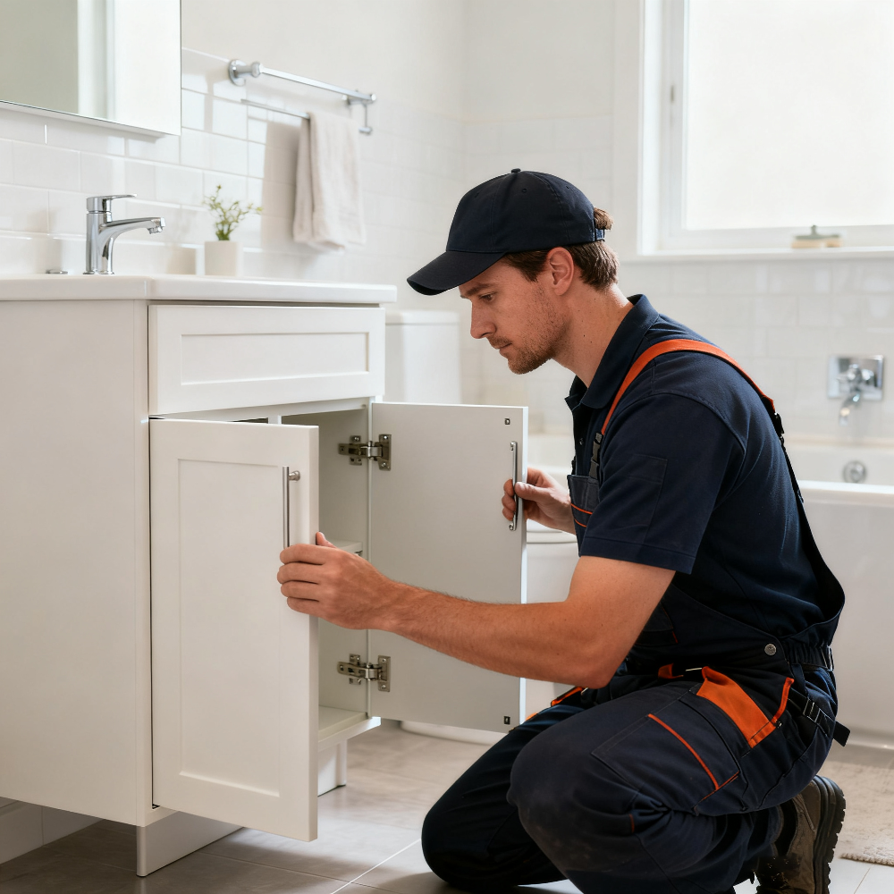 Person in a navy uniform and cap working on a bathroom cabinet.
