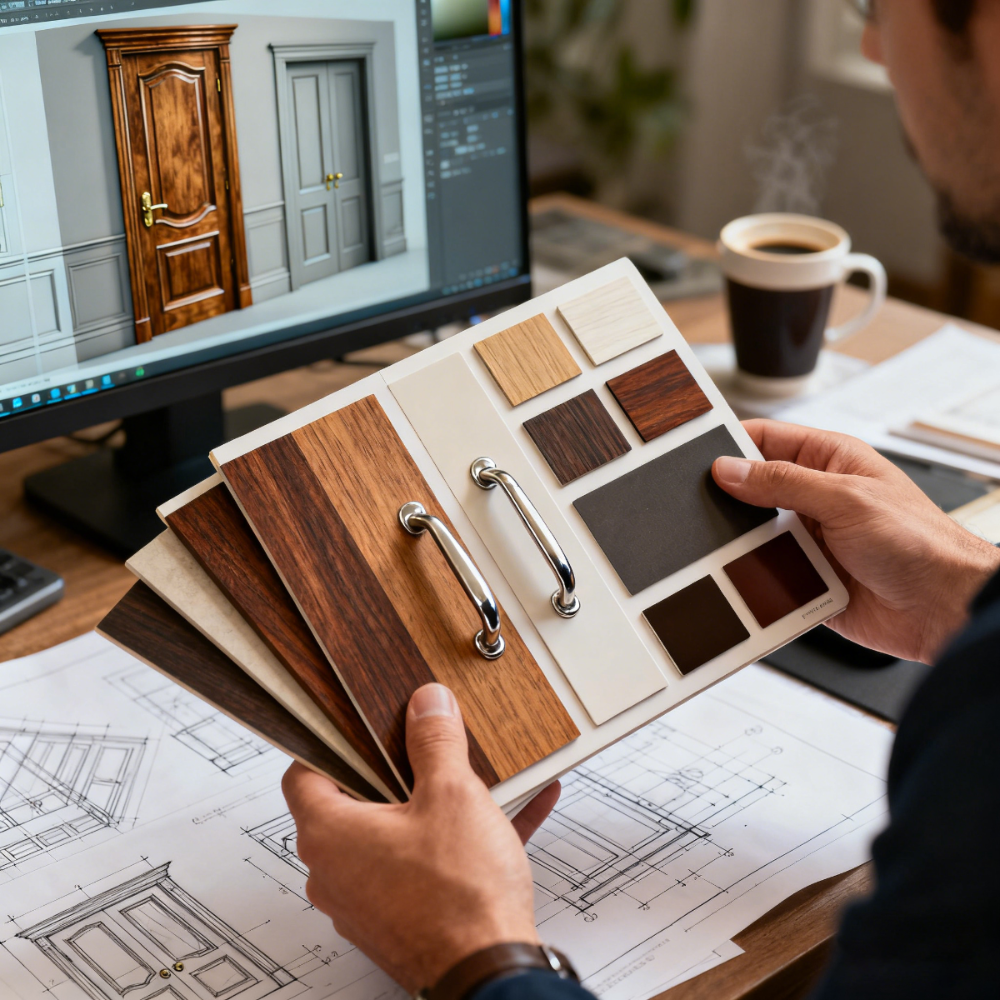 Person holding a color swatch book with a computer displaying door design in the background