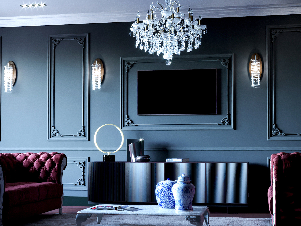 Luxurious living room with dark blue walls, red velvet chairs, and a chandelier.