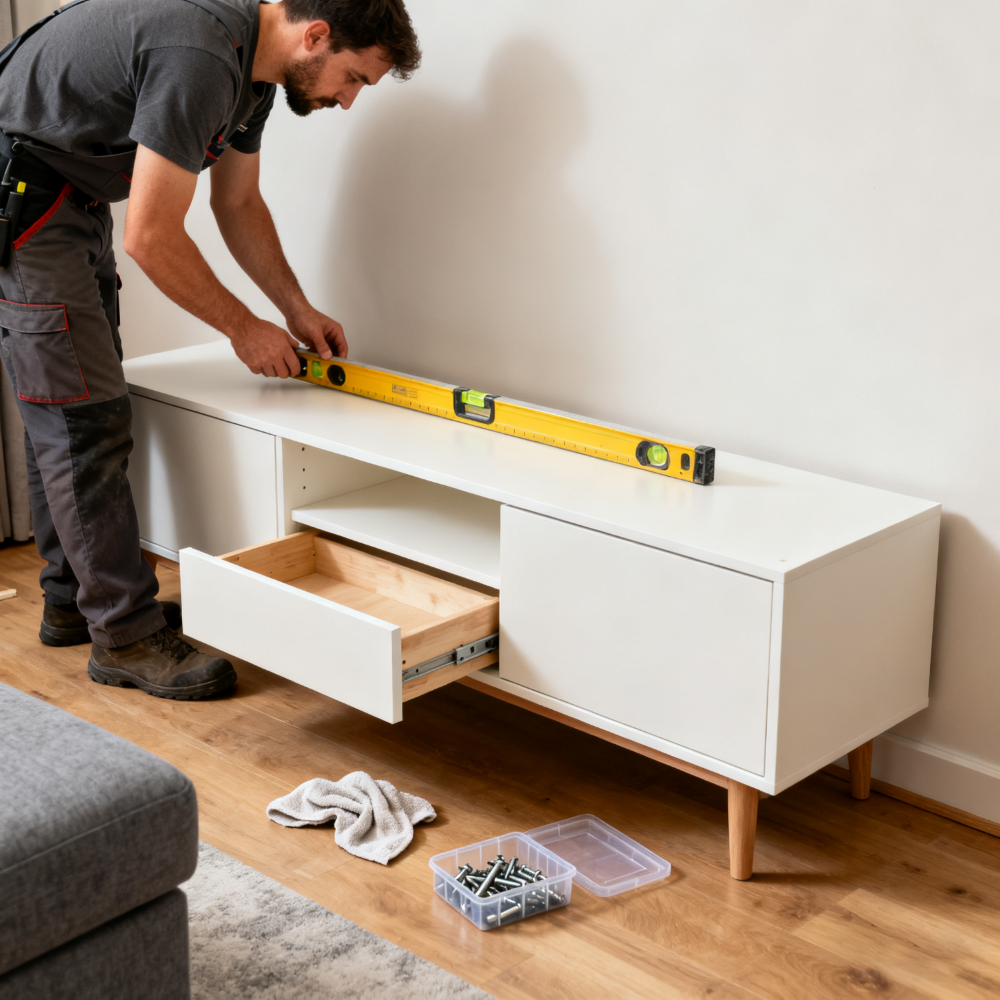 Man measuring a white cabinet with a level, with tools and screws on the floor.
