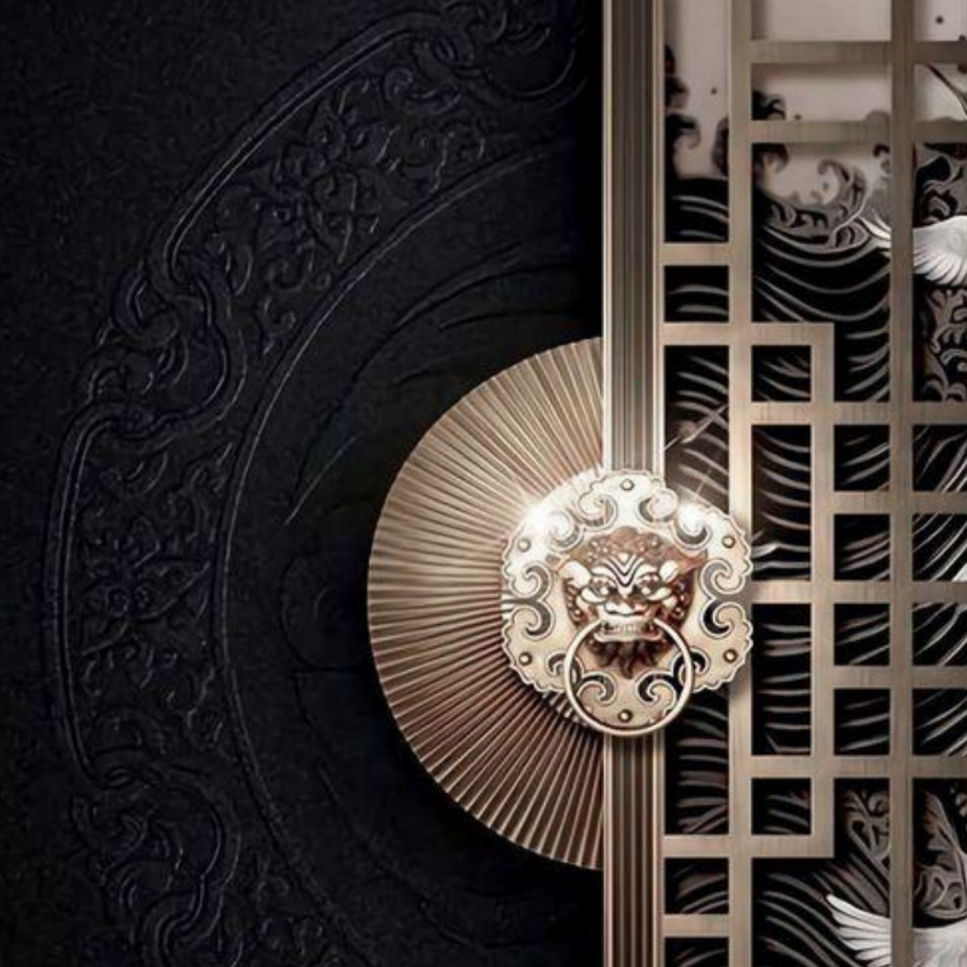 Decorative door with intricate patterns and a central lion head emblem on a dark background
