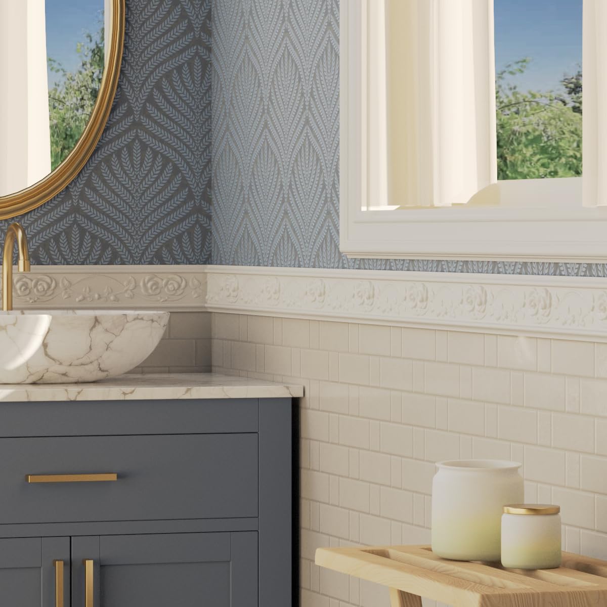 Bathroom interior with gray vanity, marble countertop, and decorative elements.