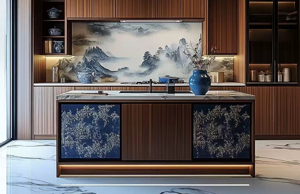 Modern kitchen with wooden cabinets, marble countertop, and decorative elements.