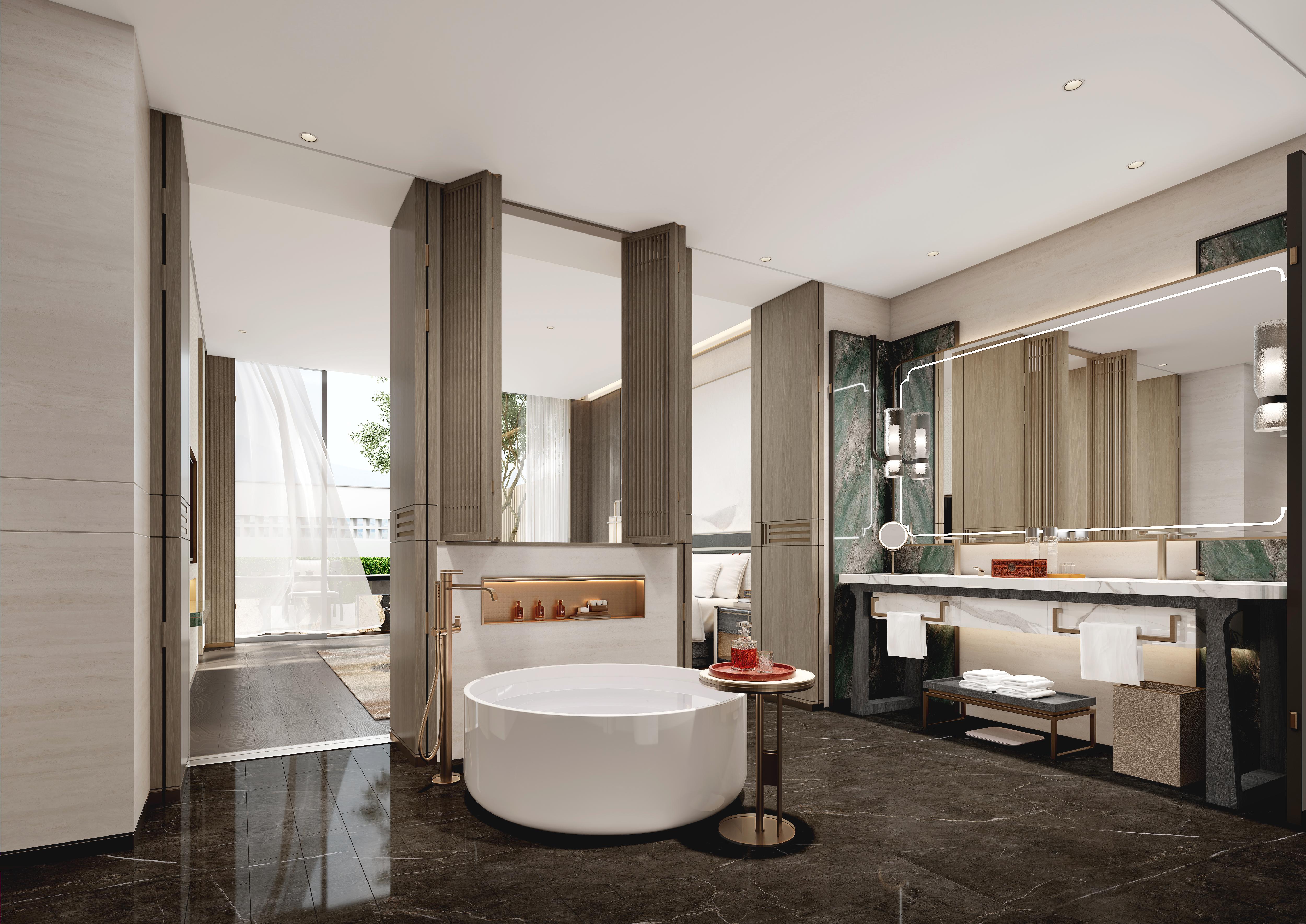 Modern bathroom with a freestanding bathtub, mirrors, and a window view.