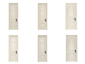 Set of six white doors with different designs on a white background
