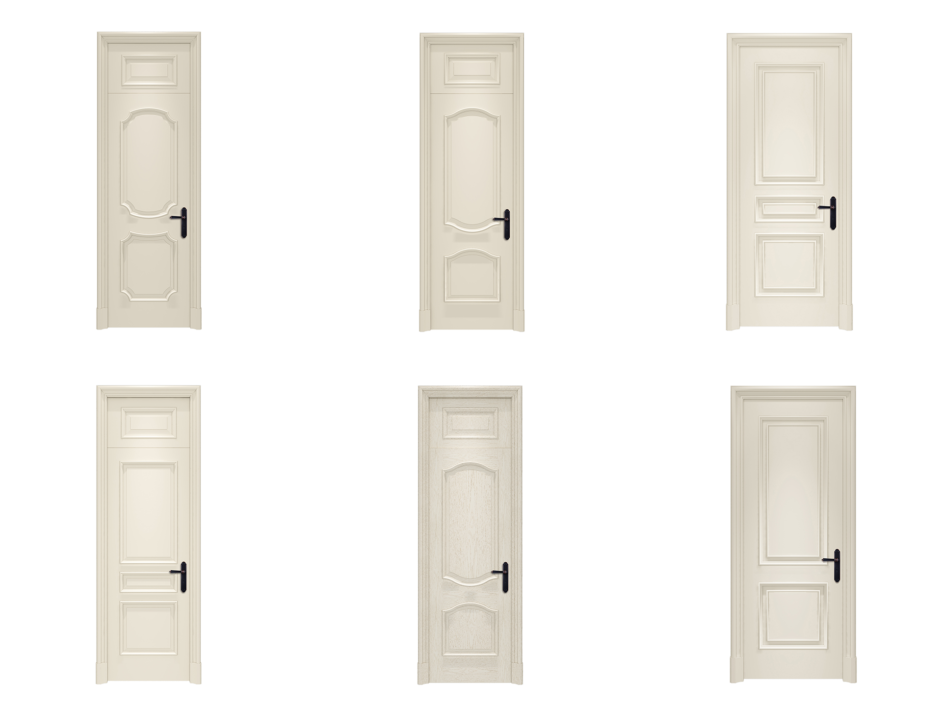 Set of six white doors with different designs on a white background