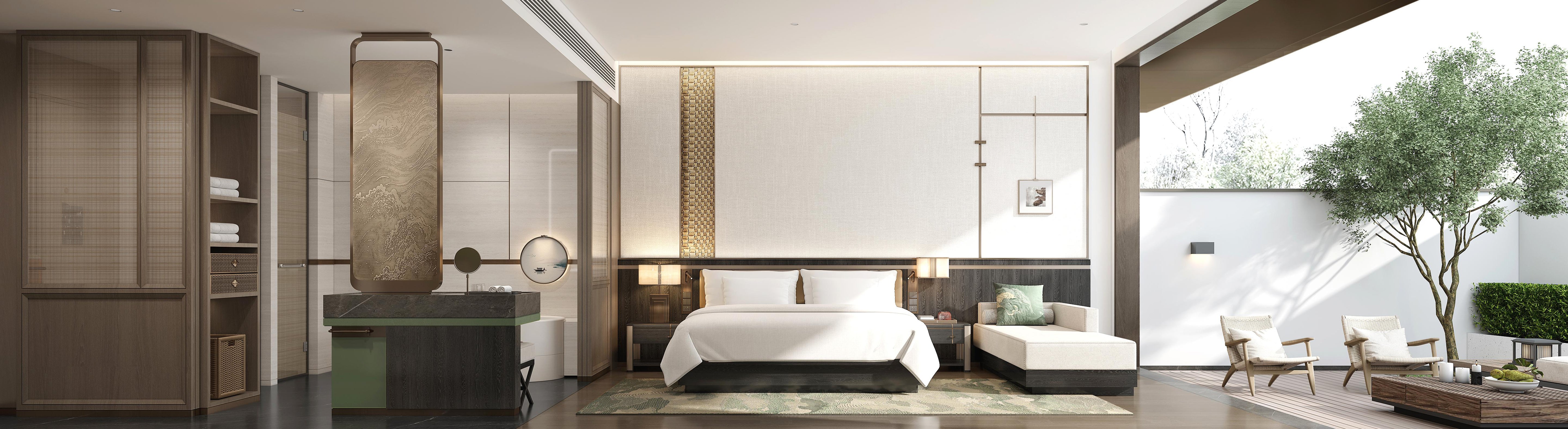 Modern bedroom with a large bed, side tables, and a bathroom in the background.