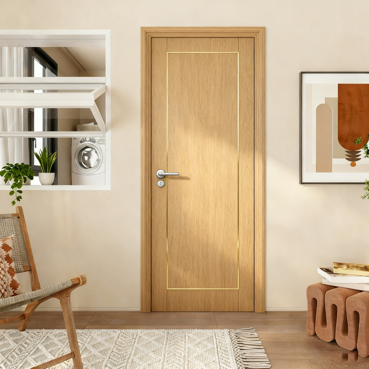 Wooden door in a room with a chair, plant, and artwork on the wall.