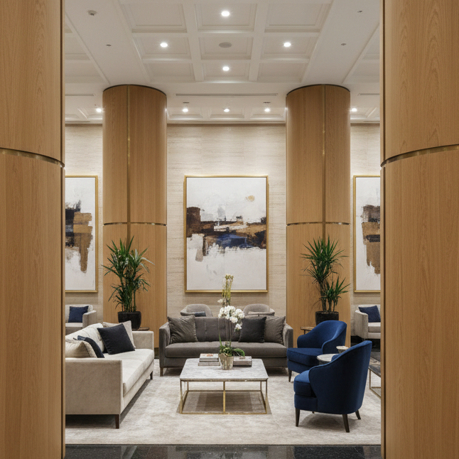 Luxury hotel lobby with wooden columns, modern furniture, and artwork.