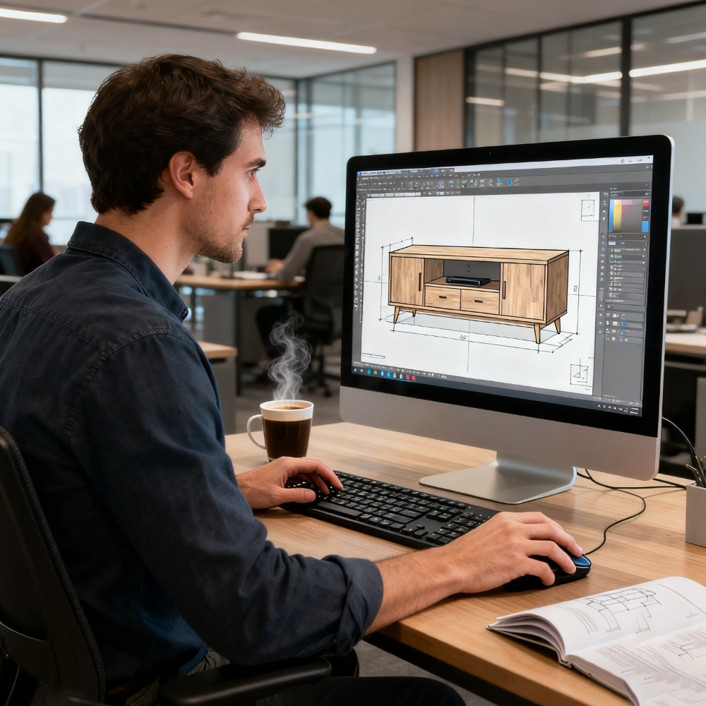 Man working on a computer with a design of a wooden cabinet on the screen in an office setting.