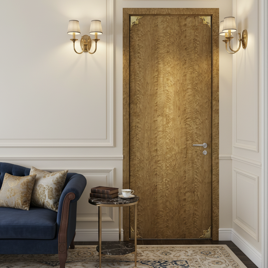Decorative wooden door in a stylish interior setting with a blue sofa and side table.
