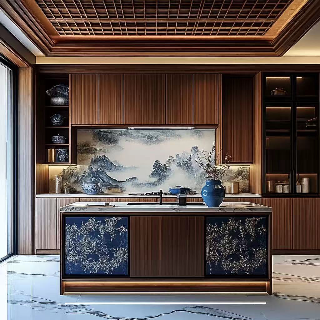 Modern kitchen with wooden cabinets, marble countertop, and decorative elements.