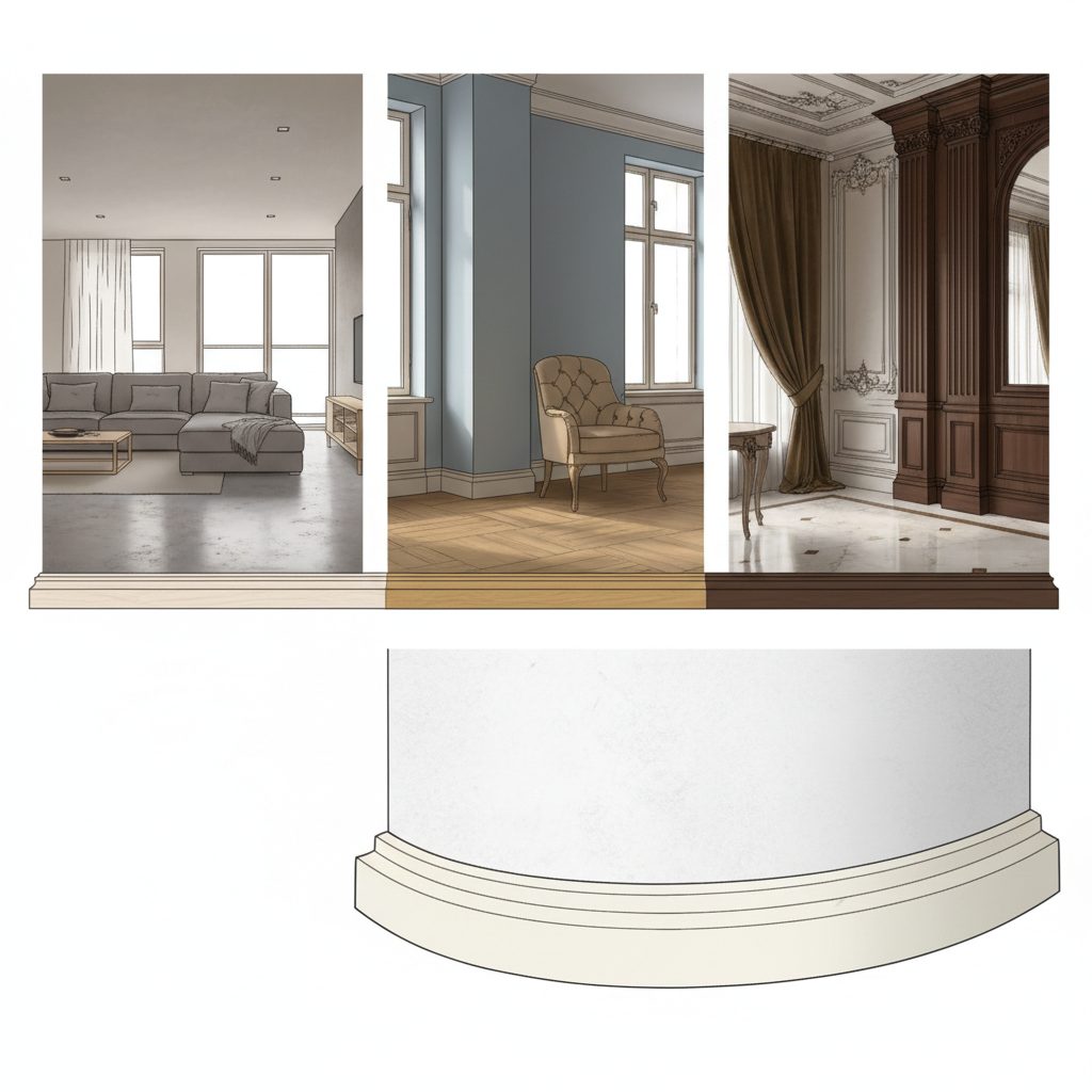 Collage of interior design elements with a decorative cornice at the bottom.
