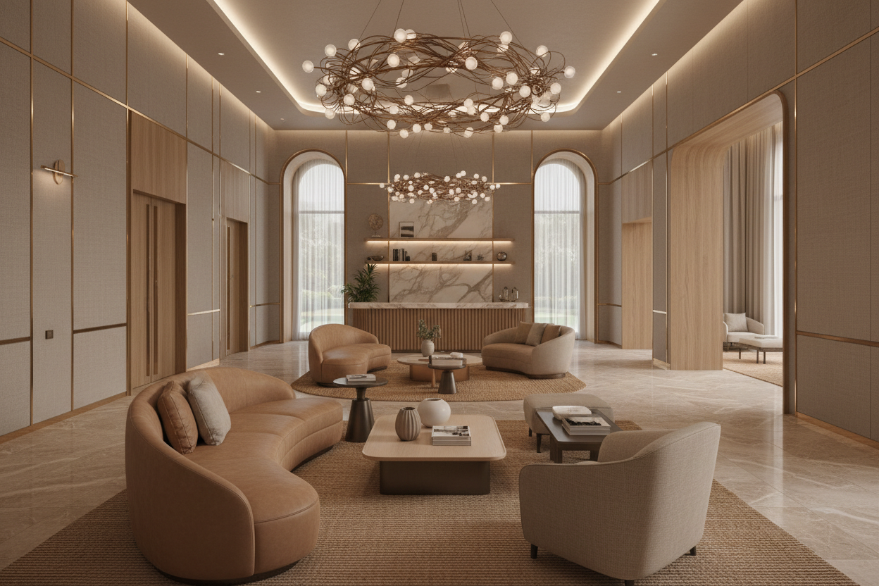 3D Rendering & Mockups
Visualizing the experience before construction. hotel space application light brown color