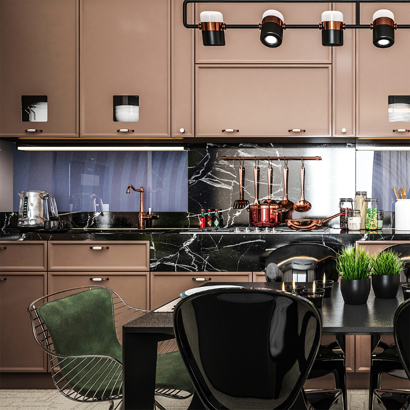 Modern kitchen with marble countertops, stainless steel appliances, and a dining area.