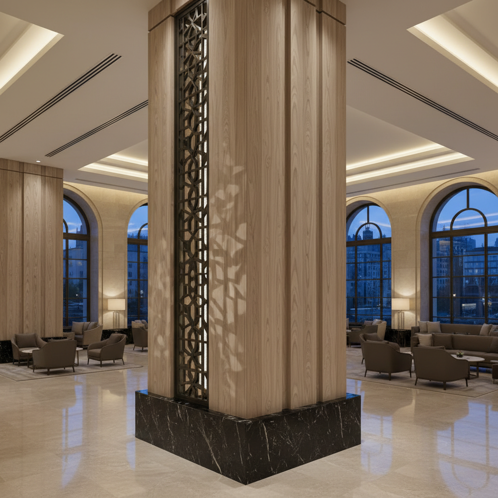 Luxury hotel lobby with large columns and seating area