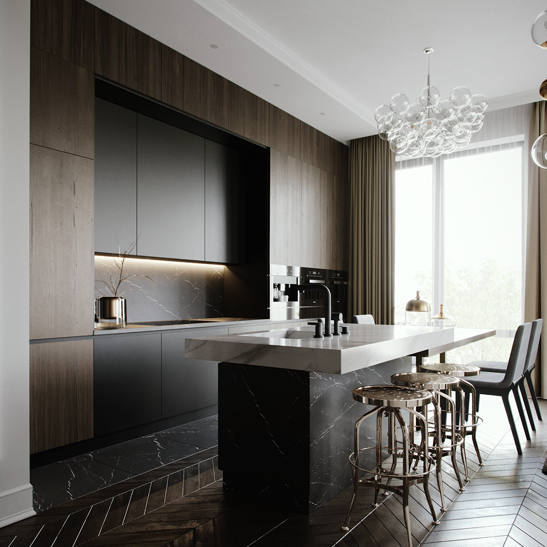 Modern kitchen with marble island and wooden cabinets