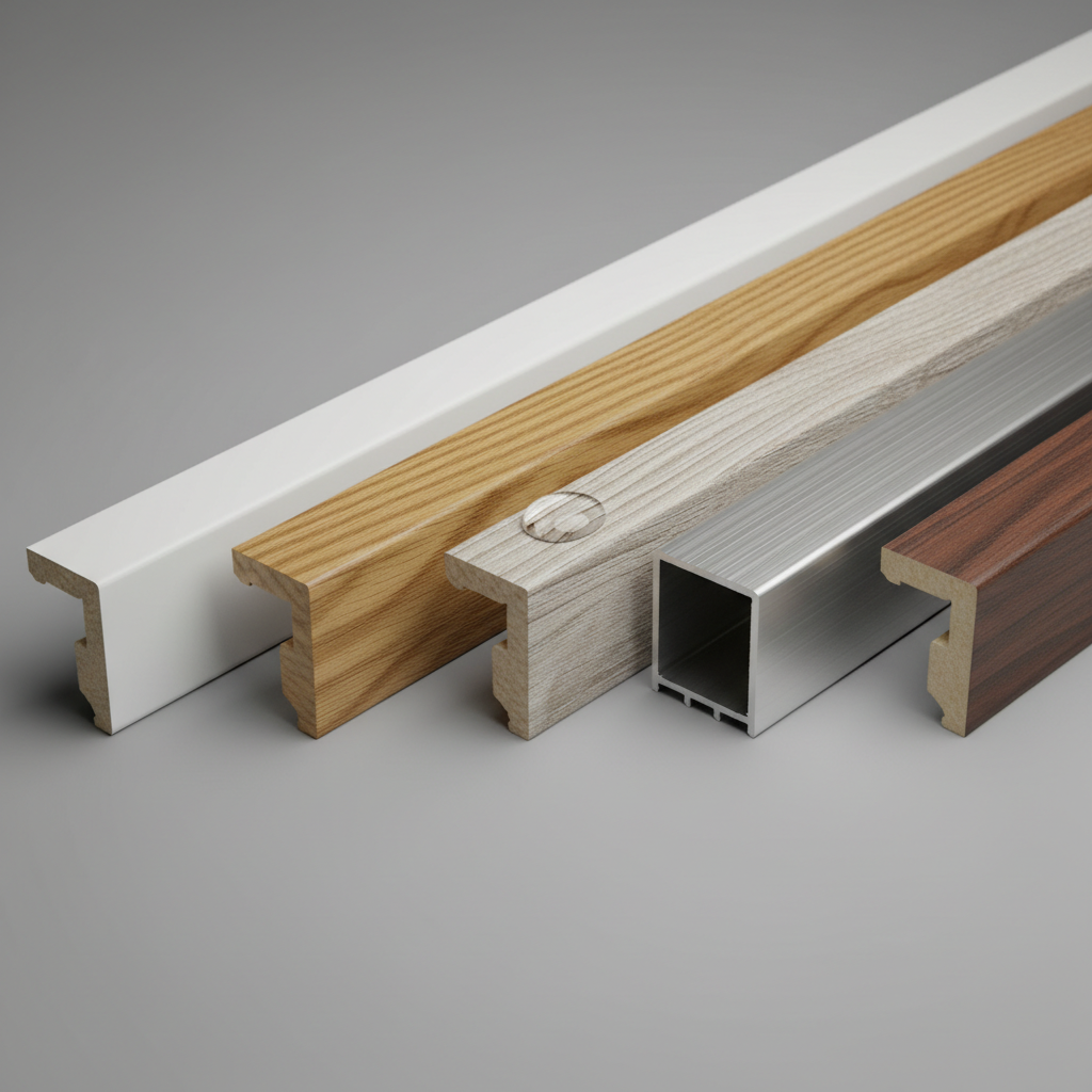 Various types of wooden and metal profiles on a gray background