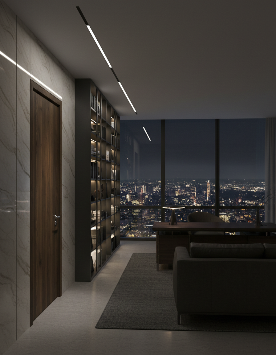 Modern interior with a cityscape view at night