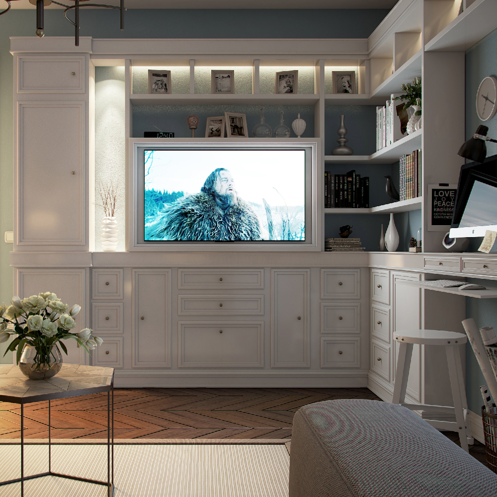 Modern living room with a television mounted on a wall unit.