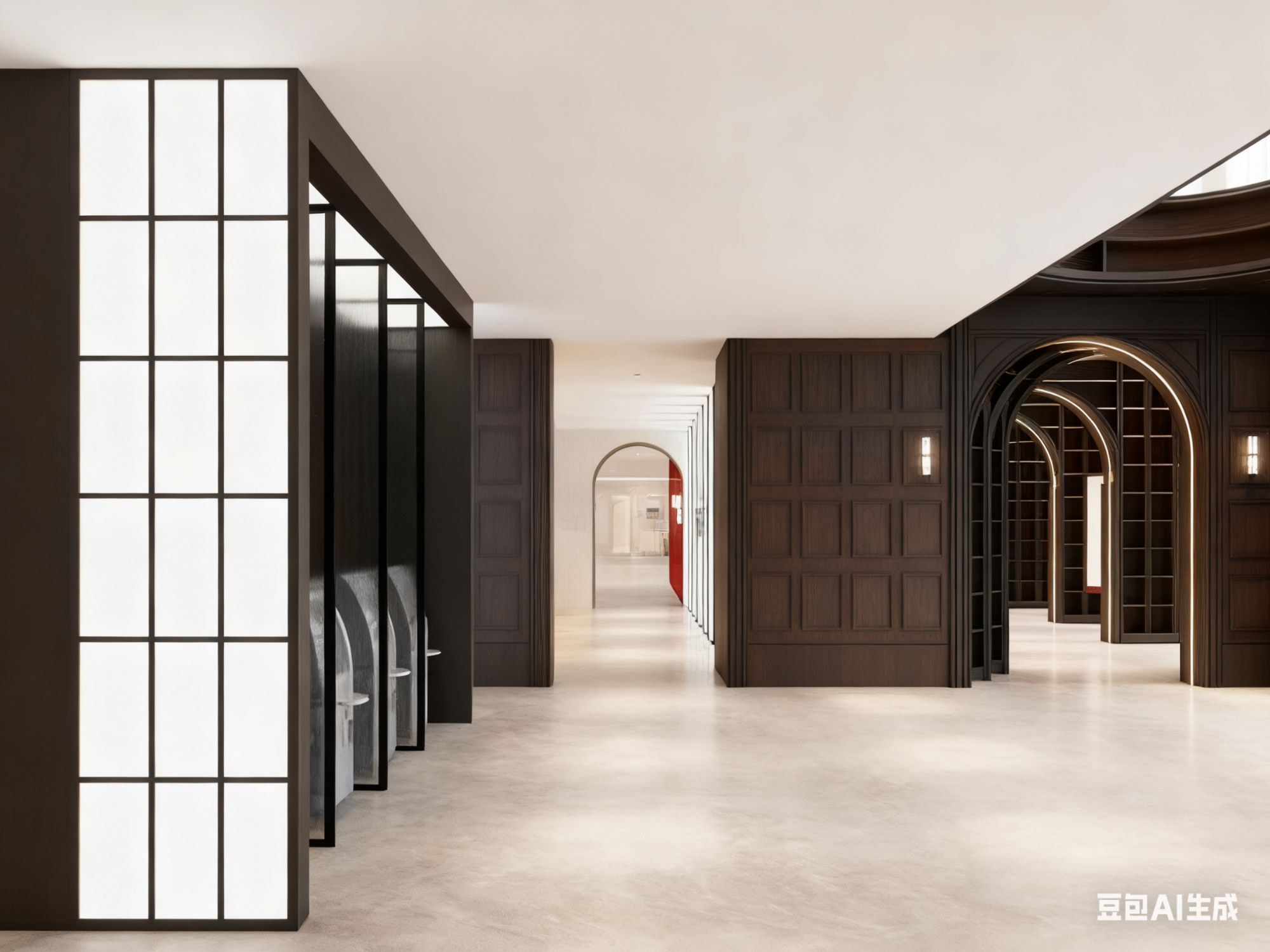 Modern interior design with dark wood paneling and glass panels.