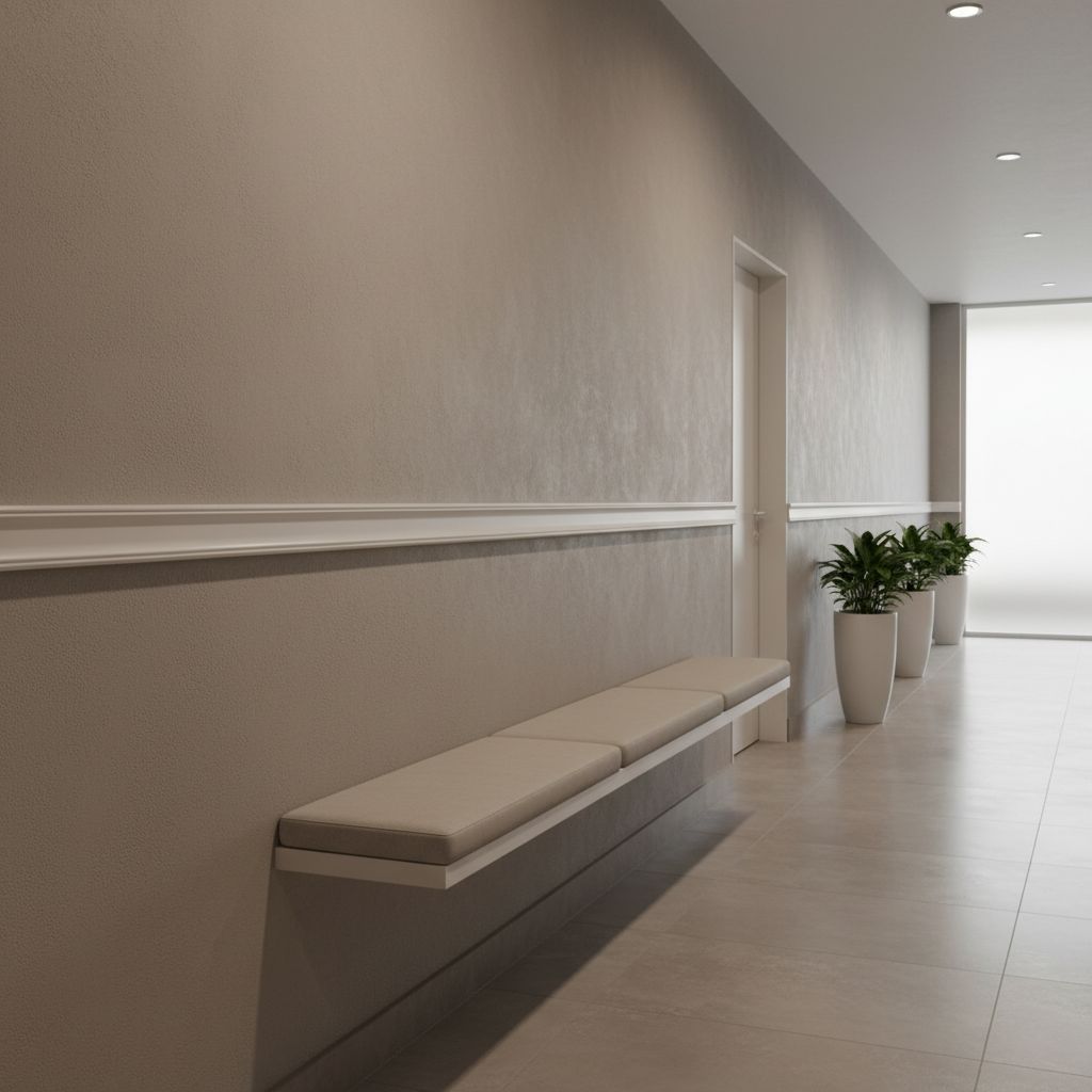 Modern hallway with a long bench against a wall and potted plants.
