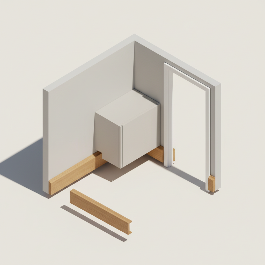 3D isometric illustration of a room with wooden flooring and white walls.