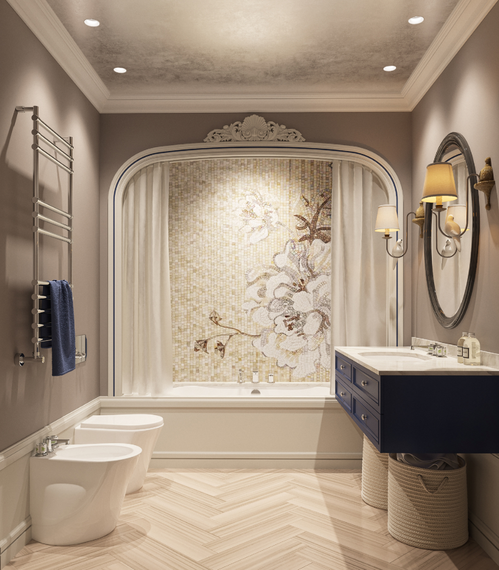 Luxurious bathroom with mosaic tile wall, bathtub, and vanity.