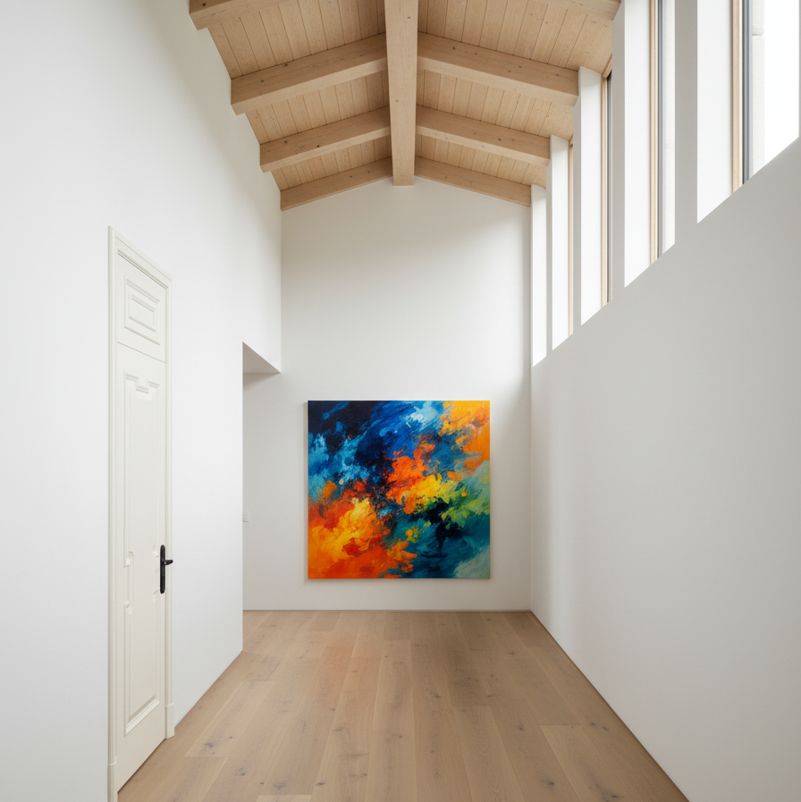 Modern interior with a colorful abstract painting on a white wall.