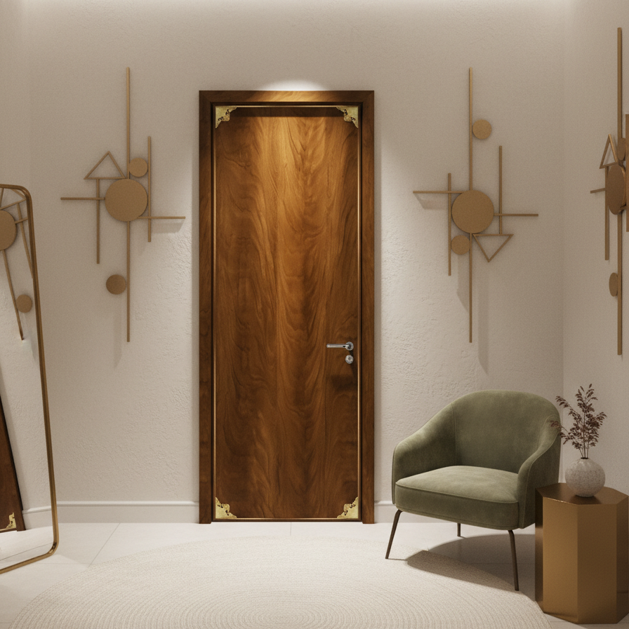 Wooden door with decorative wall art in a modern interior setting